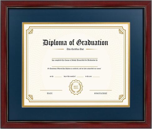 GraduatePro 8.5x11 Diploma Frame with Navy Over Gold Mat or Display 11x14 Certificate Without Mat,Solid Wood & UV Protection Acrylic,Cherry Finish with Gold Trim in Kuwait