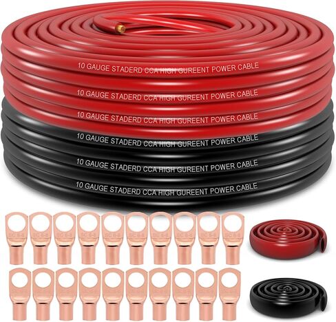 10 Gauge Wire (100ft Each- Black/Red) Copper Clad Aluminum CCA,20 pcs Lugs Terminal Connectors with 3:1 Heat Shrink Tube for Power/Auto,Amplifier,Ground Cable in Saudi Arabia