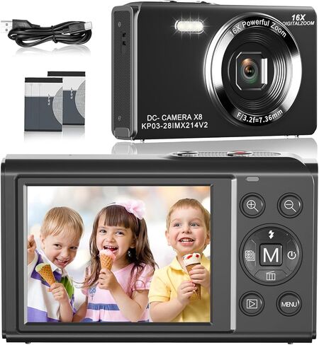 كاميرا رقمية 1080 بكسل، كاميرا بوينت آند شوت 2.8 بوصة، كاميرا رقمية مع تكبير رقمي 16X، كاميرا للأطفال مع بطاقة SD سعة 32 جيجابايت، كاميرا رقمية للأطفال والفتيات والمراهقين والأولاد والمبتدئين، أسود in Kuwait