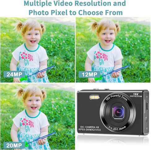 كاميرا رقمية 1080 بكسل، كاميرا بوينت آند شوت 2.8 بوصة، كاميرا رقمية مع تكبير رقمي 16X، كاميرا للأطفال مع بطاقة SD سعة 32 جيجابايت، كاميرا رقمية للأطفال والفتيات والمراهقين والأولاد والمبتدئين، أسود in Kuwait