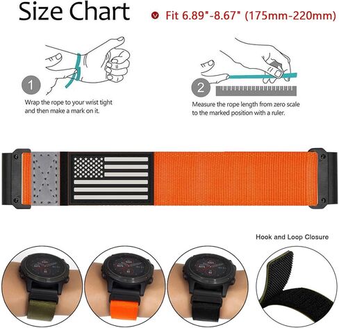 Abanen Rugged Tactical Nylon Watch Band for Garmin Fenix 7X / Instinct 2X / Fenix 6X / epix Pro 51mm, Quick Fit 26mm Wide Sport Loop Strap with Silicone Stars-Stripes Flag for Enduro/Fenix 5X in Kuwait