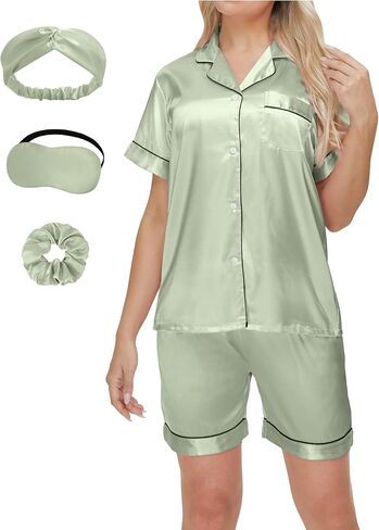 Women's Satin Pajamas Set Sleepwear Button Shirt and Pants,With Eyemask, Hair Ring, Hairband in Saudi Arabia