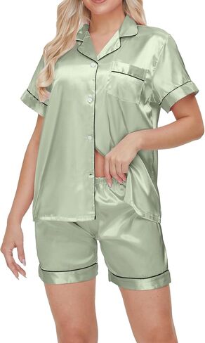 Women's Satin Pajamas Set Sleepwear Button Shirt and Pants,With Eyemask, Hair Ring, Hairband in Saudi Arabia