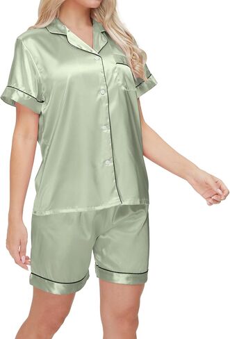 Women's Satin Pajamas Set Sleepwear Button Shirt and Pants,With Eyemask, Hair Ring, Hairband in Saudi Arabia