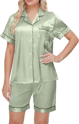 Women's Satin Pajamas Set Sleepwear Button Shirt and Pants,With Eyemask, Hair Ring, Hairband in Saudi Arabia