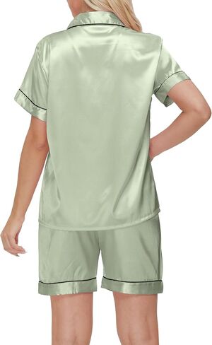 Women's Satin Pajamas Set Sleepwear Button Shirt and Pants,With Eyemask, Hair Ring, Hairband in Saudi Arabia