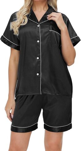 Women's Satin Pajamas Set Sleepwear Button Shirt and Pants,With Eyemask, Hair Ring, Hairband in Saudi Arabia