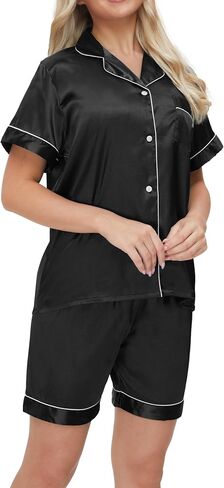 Women's Satin Pajamas Set Sleepwear Button Shirt and Pants,With Eyemask, Hair Ring, Hairband in Saudi Arabia