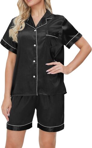 Women's Satin Pajamas Set Sleepwear Button Shirt and Pants,With Eyemask, Hair Ring, Hairband in Saudi Arabia