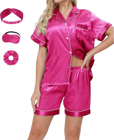 Women's Satin Pajamas Set Sleepwear Button Shirt and Pants,With Eyemask, Hair Ring, Hairband in Saudi Arabia