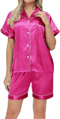 Women's Satin Pajamas Set Sleepwear Button Shirt and Pants,With Eyemask, Hair Ring, Hairband in Saudi Arabia