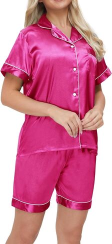 Women's Satin Pajamas Set Sleepwear Button Shirt and Pants,With Eyemask, Hair Ring, Hairband in Saudi Arabia