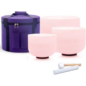 مجموعة من 3 أوعية تغني باللون الوردي مقاس 20.32 سم و25.4 سم شرقًا و30.48 سم ج، وعاء تغني كريستالي كريستالي معالج للصوت من الكوارتز المتجمد مع حقيبة حمل للسفر وحلقة دائرية من جلد الغزال in Kuwait