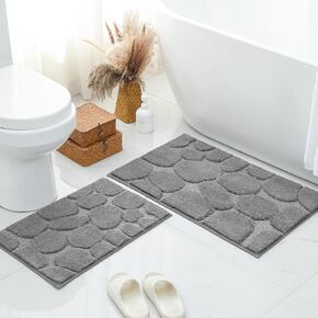 HOMEIDEAS Bathroom Rugs Sets 2 Piece, Cobblestone Soft Fluffy Non Slip Absorbent Washable Floor Bath Mat, 16x24 & 20x32 Inch, Black