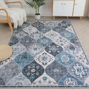 Moroccan Boho Area Rug, 2x3 Printed Thin Entryway Rug Vintage Foldable Chenille Floral Print Indoor Door Mat Non-Slip Cream Carpet for Kitchen Bathroom Laundry Room