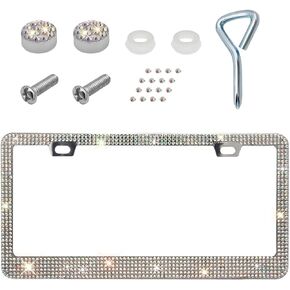 Car License Plate Frame, Sparkling Stainless Steel Auto License Plate Frame with Rhinestones, Bling Diamond License Plate Holder, Universal Exterior Car Accessories (Pink)