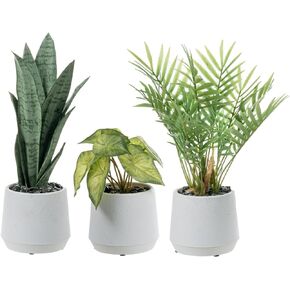 MyGift Modern Assorted Artificial Plants Potted in White Textured Planter Pots, 3 Piece Combo Set Tabletop Greenery House Plant Includes Faux Mini Palm, Arrowhead Vine, and Snake Plant
