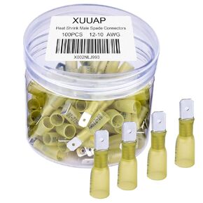 100 pcs Male Blade Spade Connectors 12-10 AWG F2 6.3mm 1/4'' Yellow, Heat-Shrink Insulated Quick-Disconnect Electrical Crimp Terminals