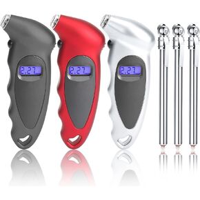 3 Pieces Digital Tire Pressure Gauge Backlight LCD Tire Gauge 3 Pieces Pencil Tire Pressure Gauge Heavy-duty Chrome Metal Head Stainless Steel Body Measurement Tool for Cars Motorcycles Trucks Bikes