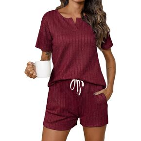 SWOMOG Womens Lounge Sets 2 Piece Ribbed Knit Pajama Set Short Sleeve Top & Shorts Sweatsuit with Pockets