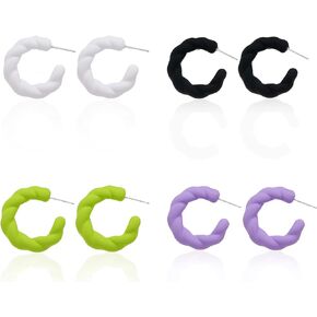 GUOXIAOMEI 4 Pairs Neon Twisted Rope Round Hoop Earrings Lightweight C Shape Candy Earrings for Women Girls Statement Set
