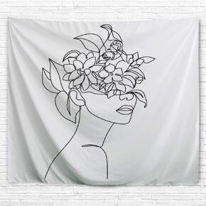 IcosaMro Black and White Tapestry Wall Hanging for Bedroom [Double-Folded Hems] Abstract Woman Face with Flowers Wall Home Decor for Dorm, College, Living Room, 51x60 Inches