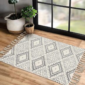 Chardin home Farmhouse Rug 24''x36'' Black-White | Recycled Cotton Hand Woven Rug, Long Boho Rug | Perfect for Hallways, Kitchens, Bathroom, bedrooms, Meditation Yoga Mat | Machine Wash