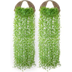 2 Packs Artificial Hanging Plants with Woven Straw Flower Basket, Fake Ivy Vine Plastic Greenery for Wall Home Living Room Kitchen Office Patio Indoor Outdoor Decor (Green)