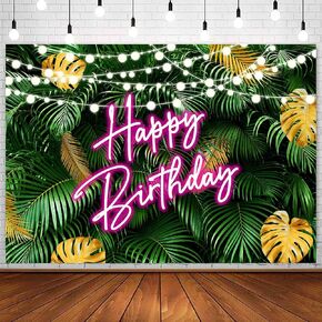 Sensfun Hawaiian Tropical Palm Leaves Happy Birthday Backdrop Aloha Luau Pink Neon Birthday Jungle Green Leaves Photo Background Adults 30th 40th 50th Birthday Decorations Banner Photo Props 7x5ft