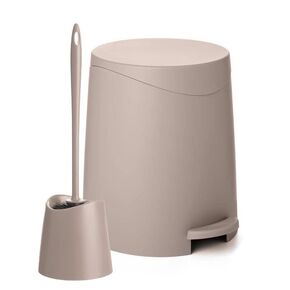 Superio Bathroom Trash Can with Toilet Brush Set Grey Modern 6 Liter Small Waste Basket Plastic Step On Garbage Can and Toilet Bowl Cleaner Bathroom Accessories Set, Taupe
