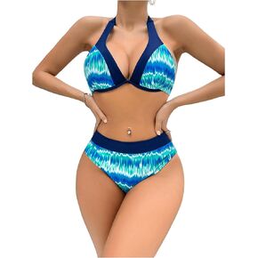 Floerns Women's Tie Dye Halter Neck Push Up Swimwear Tie Back 2 Piece Bikini Sets