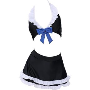 MEOWCOS Gothic Swimwear Set Black Halter Top and Mini Skirt with Striped Stockings