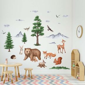 Woodland Animals Wall Stickers - Bear Fox Squirrel Birds Deer Rabbit Baby Nursery Wall Decals - Kids Bedroom Daycare Playroom Classroom Wall Decor
