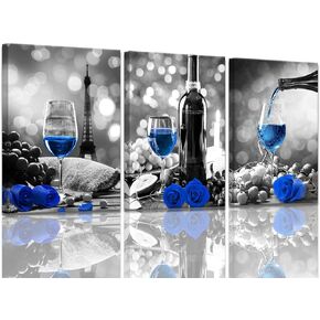 Wine Decor Kitchen Canvas Art Blue Wine Rose Artwork for Home Walls Black and White With Blue Wine Painting Printed Rose Art Dining Room Decor Blue Kitchen Pictures Wall Decor Stretched 12x16inchx3