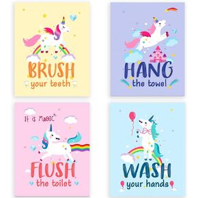 CHIEN-CHI LILI Unicorn Bathroom Watercolor Art Print Set of 4(8"X10"), Funny Colorful Unicorn Art Poster for Nursery, Daughter Girls Boys Kids Bathroom Home Wall Decor Unframed