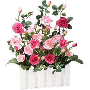 Artificial Flower Plant for Spring Decorations,Potted Fake Rose,Faux Plant in Picket Fence Pot for Indoor Home Office Window Decor,1 Set（Rose red）