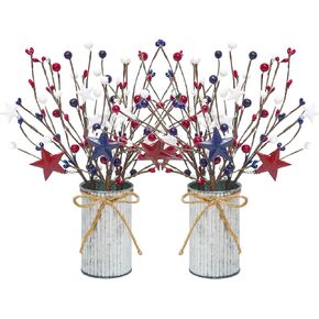 2 Pcs Patriotic Decorations, 4th of July Artificial Floral Berry Stem Picks with Vase Red White and Blue Berries Flowers Branches for Independence Day Memorial Day Table Centerpieces Home