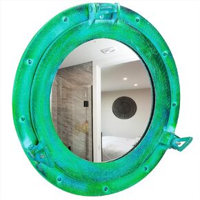 Nagina International 11" Aluminum Porthole Mirror - Green and Blue Finish - Nautical Ship Decor