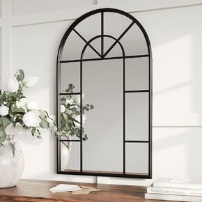 Barnyard Designs 24x40 Black Metal Cathedral Mirror – Arched Window Farmhouse Mirror for Living Room and Entryway Wall Decor