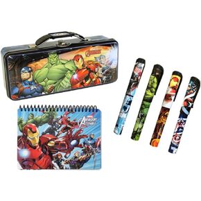 حافظة أقلام معدنية من القصدير من Marvel Avengers، دفتر ملاحظات ومجموعة 4 أقلام للأبطال الخارقين - دفتر ملاحظات حلزوني من Marvel Avengers، ظهر صلب، Iron Man، Captain America، Thor، Hulk وBlack Widow إكسسوارات اللوازم المدرسية