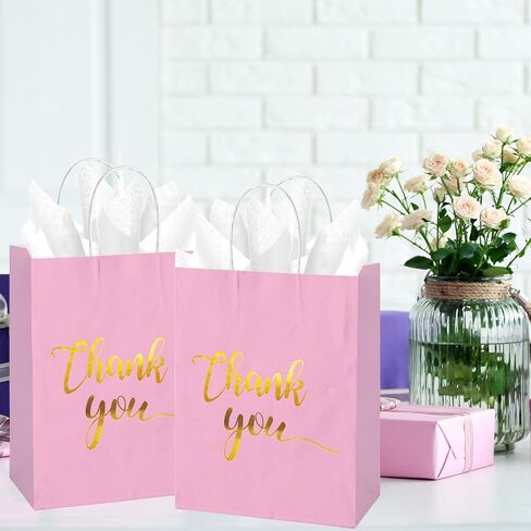 50 قطعة من أكياس هدايا شكرًا لك بتصميم زهور، مقاس 8.66x7x3.14 بوصة حقائب ورقية شكرًا لك كرافت مع مقبض لحفلات الزفاف، وأعياد الميلاد، والأعمال التجارية، والتسوق، وحفلات استقبال المولود الجديد، وهدايا الحفلات، ويوم الذكرى، والتخرج، والحفلات in Kuwait