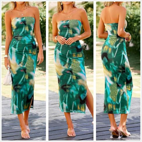 Women’s Summer Strapless Maxi Bodycon Dresses Tie Dye Print Floral Tube Beach Dress Bodycon in Saudi Arabia