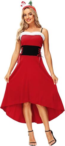 AOBUTE Womens Christmas Mrs Claus Costume Santa Midi Dress Xmas Party Dresses in Kuwait