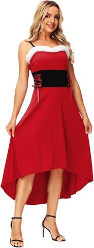 AOBUTE Womens Christmas Mrs Claus Costume Santa Midi Dress Xmas Party Dresses in Kuwait