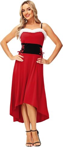 AOBUTE Womens Christmas Mrs Claus Costume Santa Midi Dress Xmas Party Dresses in Kuwait