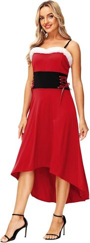 AOBUTE Womens Christmas Mrs Claus Costume Santa Midi Dress Xmas Party Dresses in Kuwait