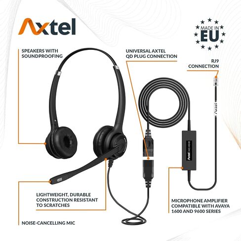 Axtel Bundle Elite HDvoice Duo NC with AXC-HISHD Cable | Noise Cancellation - Compatible with Avaya 1600/9600 Series IP Phones | Cable with Microphone Amplifiler up tor 8 Levels in Saudi Arabia