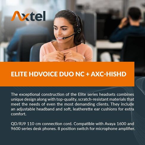 Axtel Bundle Elite HDvoice Duo NC with AXC-HISHD Cable | Noise Cancellation - Compatible with Avaya 1600/9600 Series IP Phones | Cable with Microphone Amplifiler up tor 8 Levels in Saudi Arabia