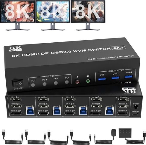 8K @ 60 هرتز KVM Switch 3 شاشات 4 أجهزة كمبيوتر 4K @ 144 هرتز، 2 DisplayPort +1 HDMI KVM Switch شاشة ثلاثية لـ 4 أجهزة كمبيوتر مع صوت و3 منافذ USB 3.0، 3 مفاتيح KVM للشاشات ومحول ماوس لوحة المفاتيح in Kuwait