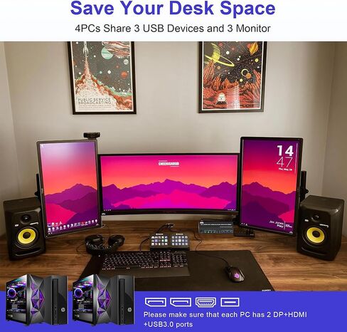 8K @ 60 هرتز KVM Switch 3 شاشات 4 أجهزة كمبيوتر 4K @ 144 هرتز، 2 DisplayPort +1 HDMI KVM Switch شاشة ثلاثية لـ 4 أجهزة كمبيوتر مع صوت و3 منافذ USB 3.0، 3 مفاتيح KVM للشاشات ومحول ماوس لوحة المفاتيح in Kuwait